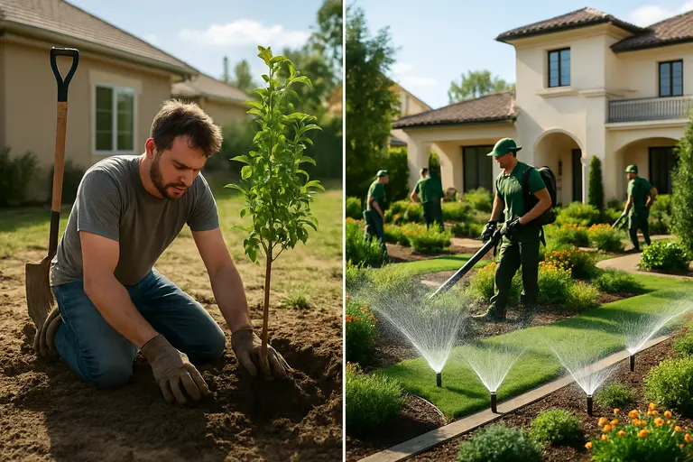 Homeowner reviewing a yard plan beside mulch, gloves, and hand tools