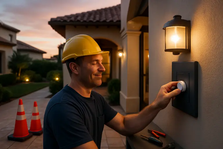Homeowner reviewing an outdoor lighting plan beside a covered villa terrace