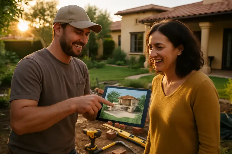 Homeowner reviewing patio measurements while a contractor inspects exterior lighting