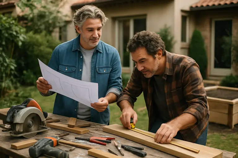 Homeowner reviewing patio notes while contractors inspect a covered structure