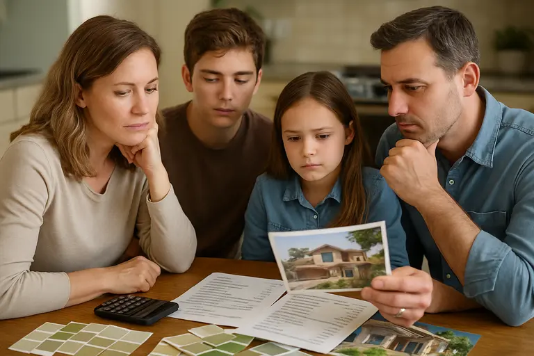 Homeowner reviewing siding samples, project notes, and a calculator on a table
