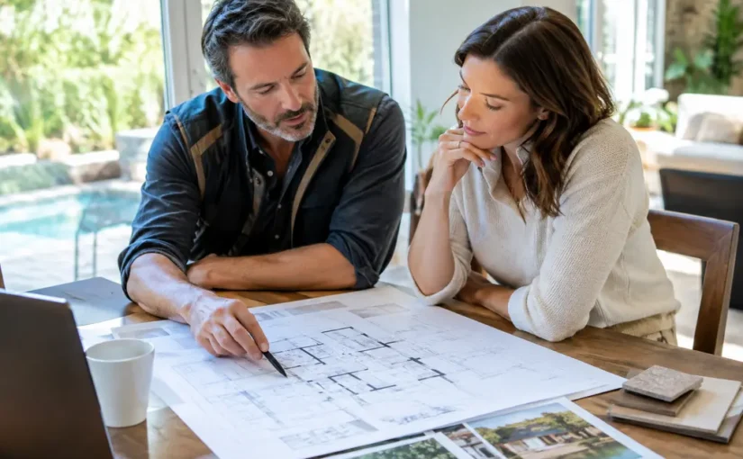 Hybrid renovations plan with tools, samples, and a villa patio layout on a table