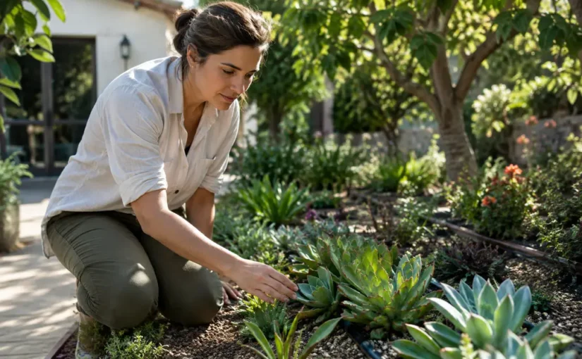 Low-maintenance landscapes with drought-tolerant plants, mulch, and a small lawn area