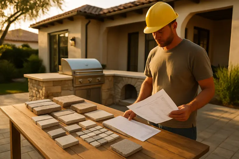 Material samples, cabinet plans, and appliance notes laid out on a patio table