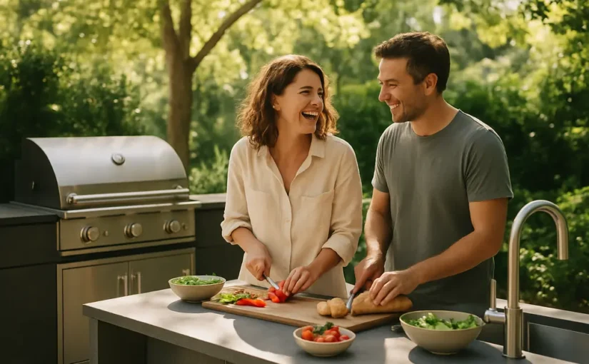 Outdoor kitchen value shown through a covered patio grill, cabinets, and seating area