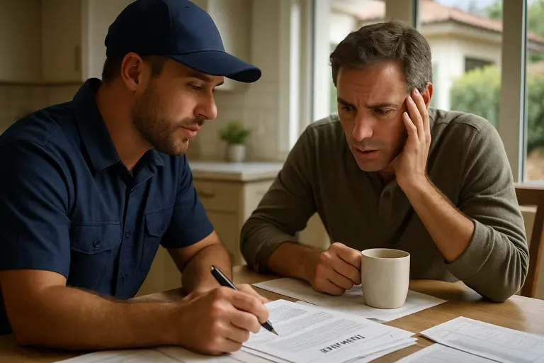 Renovation contract pages with a pen, calculator, and finish samples nearby