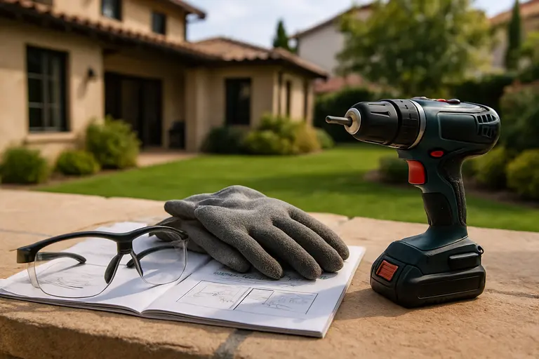 Safety glasses, gloves, manual, and cordless driver prepared for a small repair
