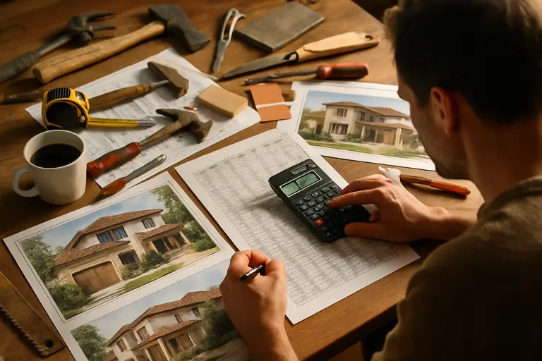Tape measure, safety glasses, and a project budget sheet on a workbench