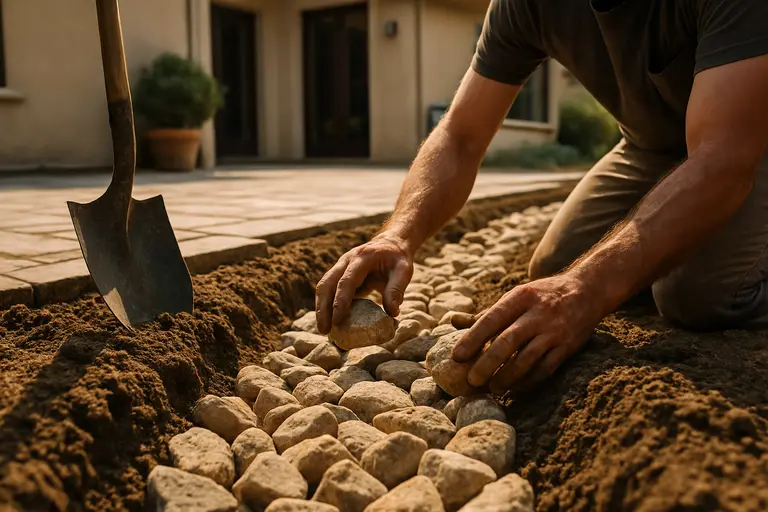 Textured patio pavers sloping gently away from a home entry